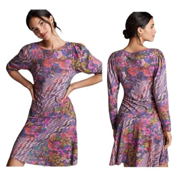 ANTHROPOLOGIE MINI DRESS RUCHED PURPLE /PINK SZ L ECLECTIC COTTAGECORE NEW - Picture 2 of 16
